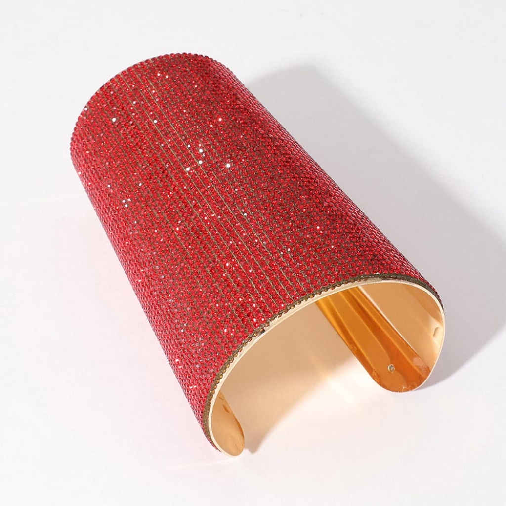 Long Red And Gold Wide Crystal Armor Style Big Cuff Bracelet Statement Jewelry